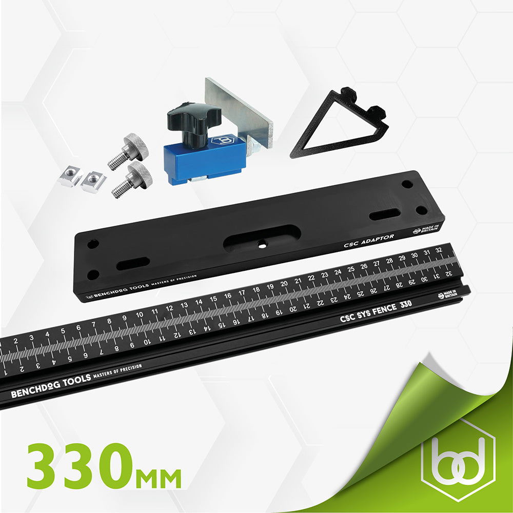 A 330mm aluminium fence with measurement scale markings for use with a Festool CSC SYS Table Saw.