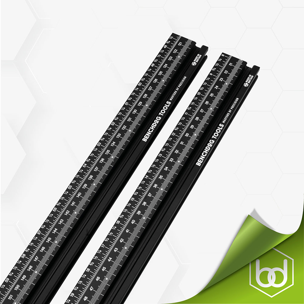 Two Benchdog black aluminium fences with dual scale markings for woodworking [1]