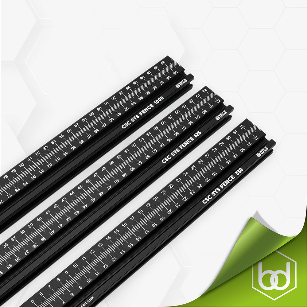 A set of three black aluminium fences with measurement scale markings for use with a Festool CSC SYS Table Saw.