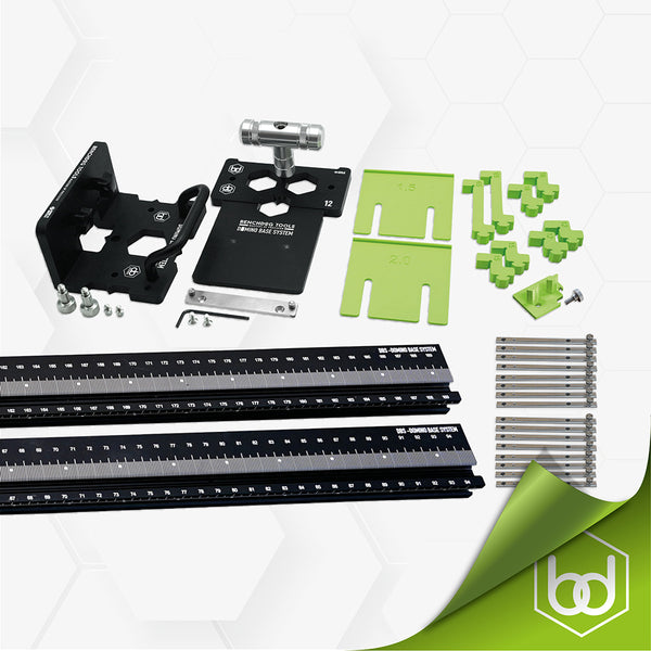 Set of domino accessories including metal brackets, green plastic components, and screws on a white background.