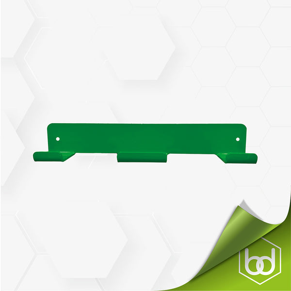 A green steel custom wall mount designed for storing woodworking tools