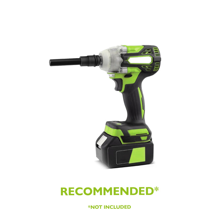 Green and black cordless drill with a recommended label on a white background