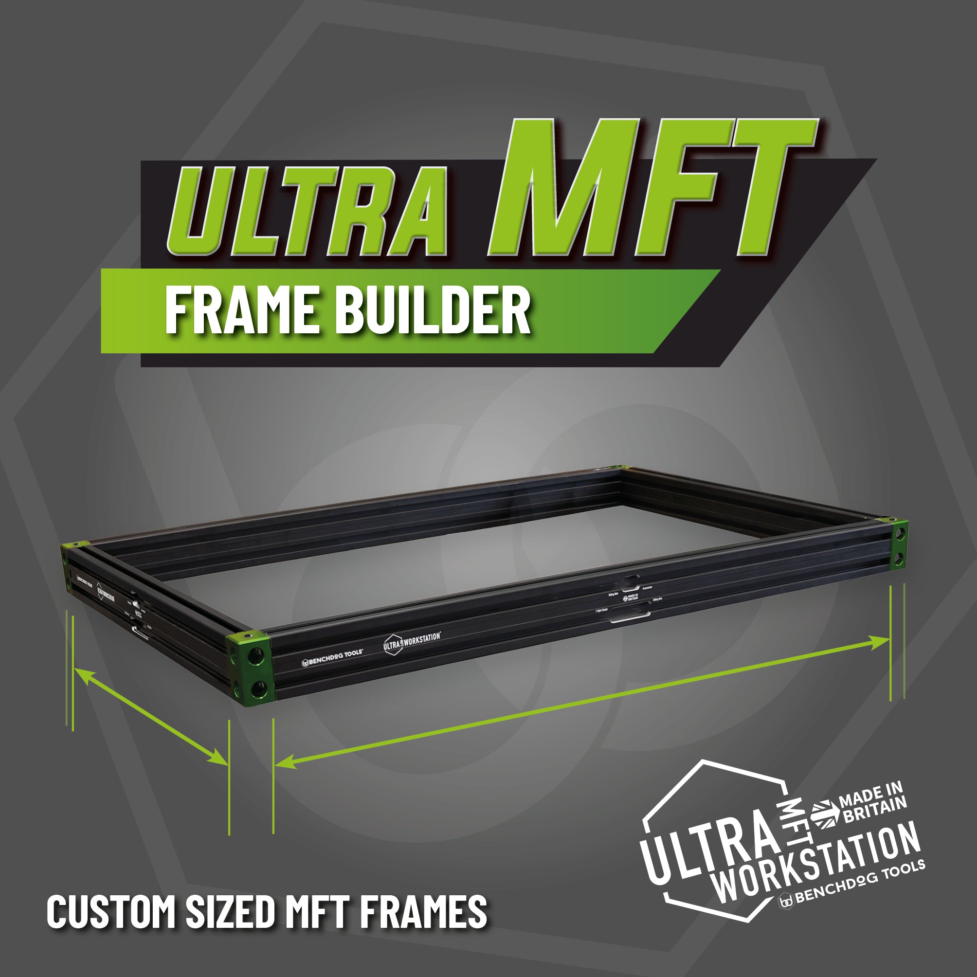 Ultra MFT Frame Builder with dimensions on a gray background