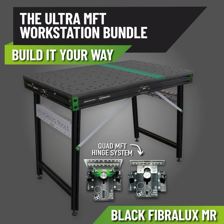 Benchdogs Black Fibralux MR Ultra MFT workstation with text and graphics on a grey background