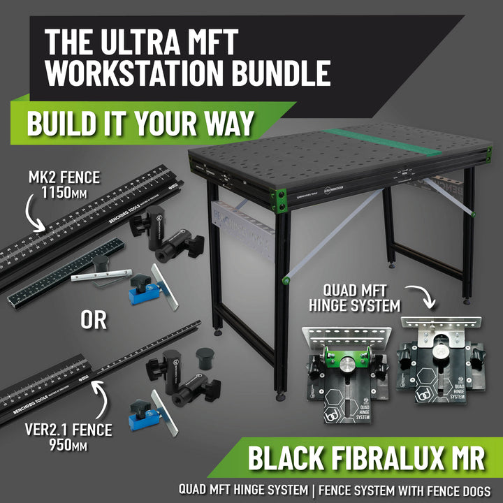 Benchdogs Ultra MFT Workstation Bundle with table and accessories on a grey background
